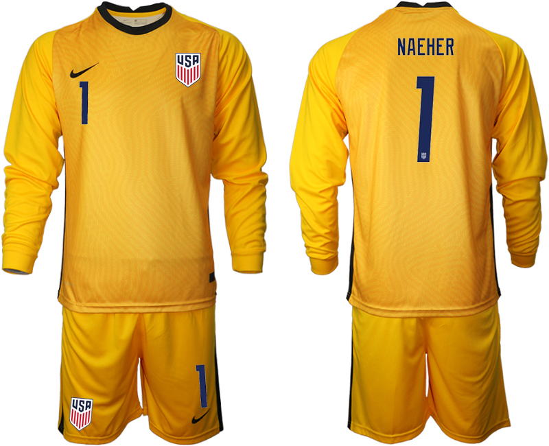 Men 2020-2021 Season National team United States goalkeeper Long sleeve yellow #1 Soccer Jersey